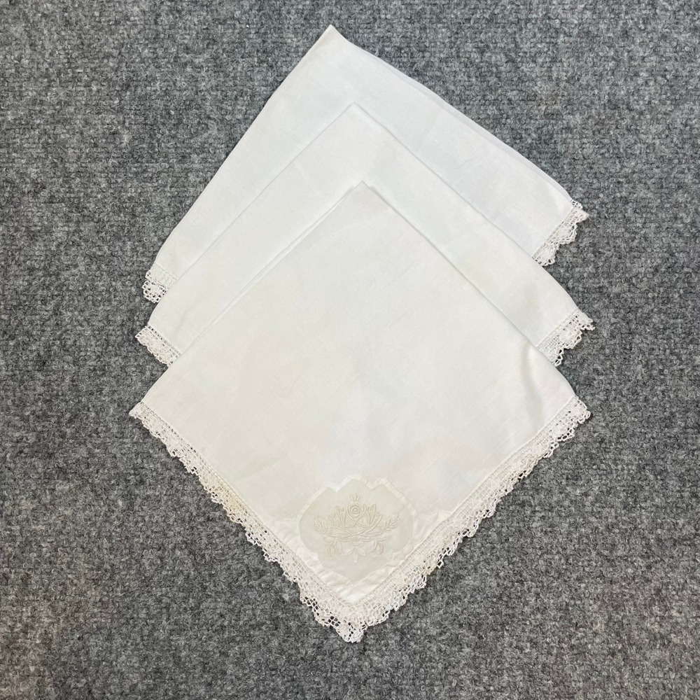 Handkerchief Women OS White Embroidered Rose Lace Trim 3pc Vintage